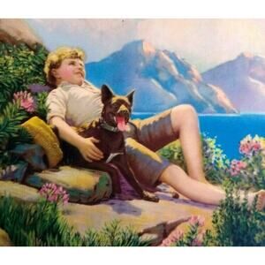 Boy Resting Black Dog Art Print Blessings On The Little Man Keedy Mountain Cliff
